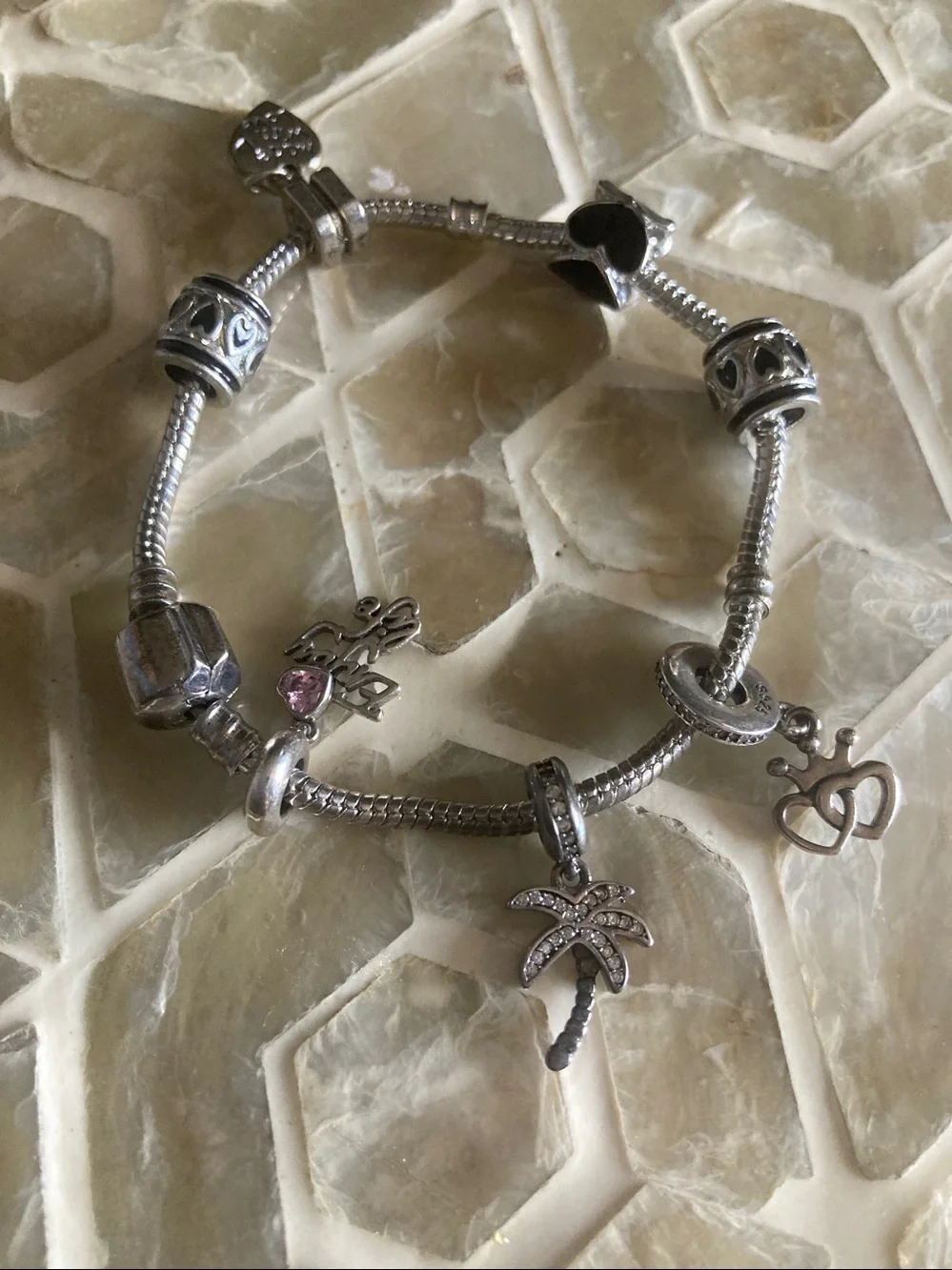 Pandora Moments snake chain barrel clasp bracelet w/6 charms